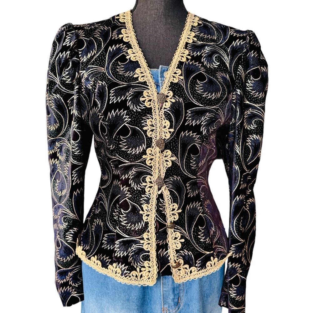 Scott McClintock Vintage Black Velvet Puffer Gold Trim Blazer 80s Jacket - Picture 1 of 10